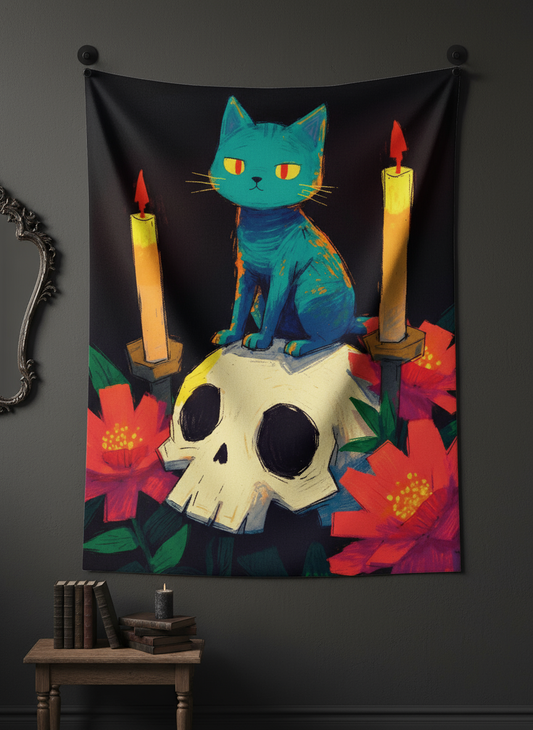 Cat and Skull Wall Tapestry