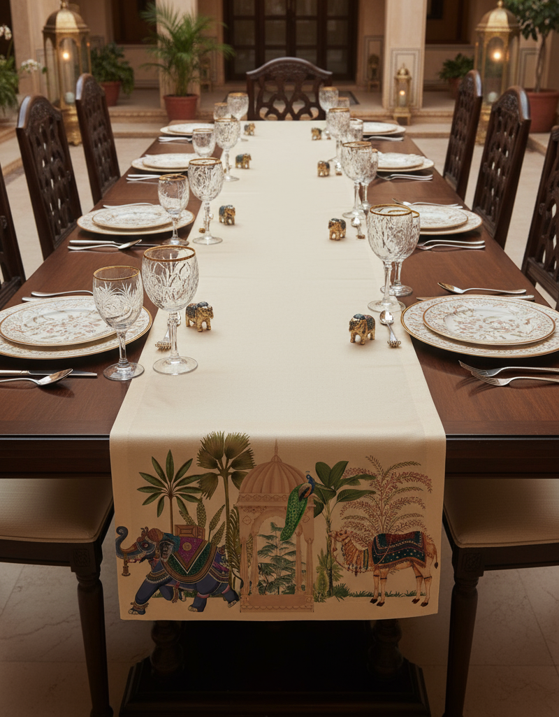 Royal Elephants & Peacock Garden Print Table Runner 13x54 Inches | Nizs