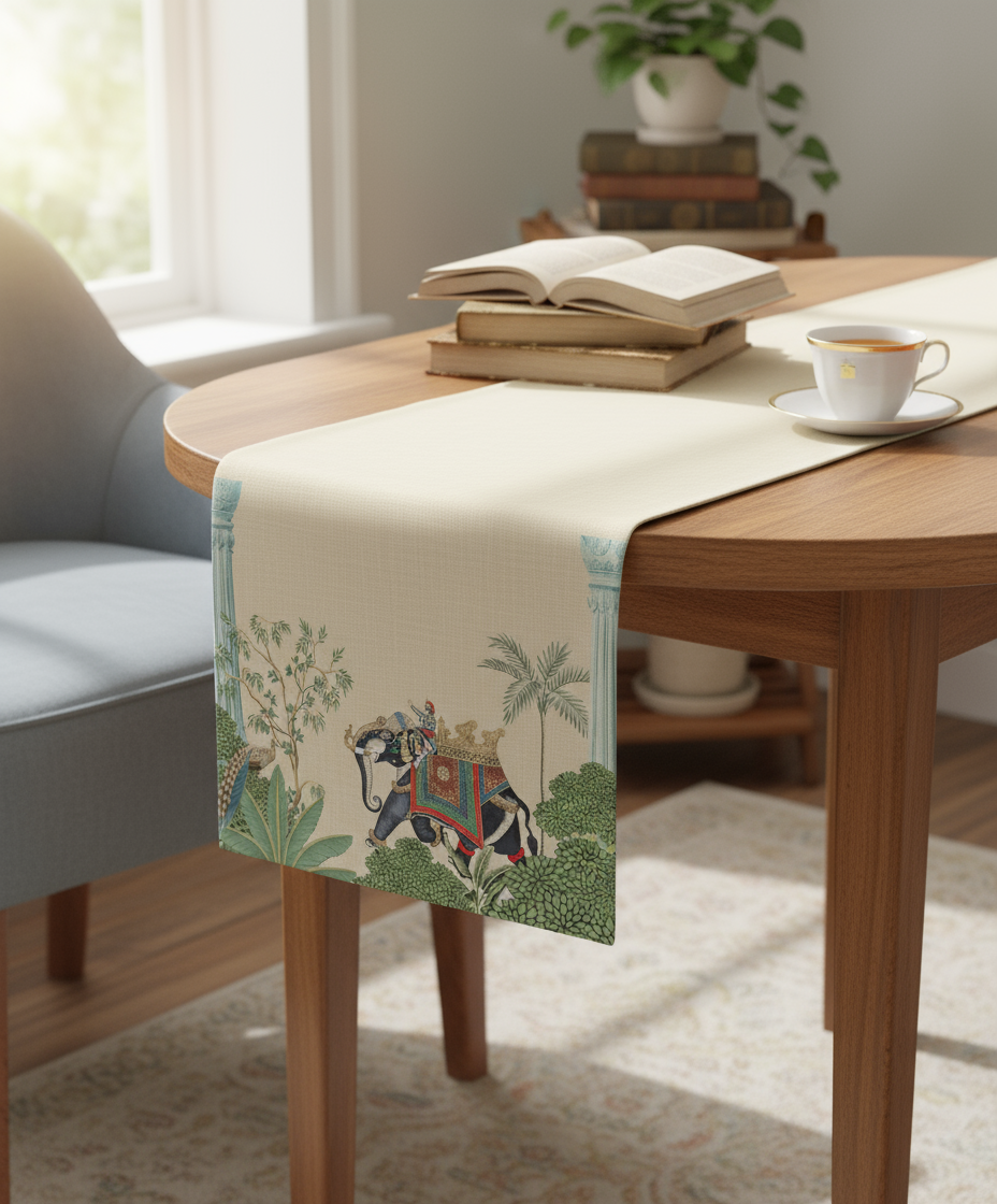 Table with a decorative table runner featuring an elephant design, books, and a cup of coffee.